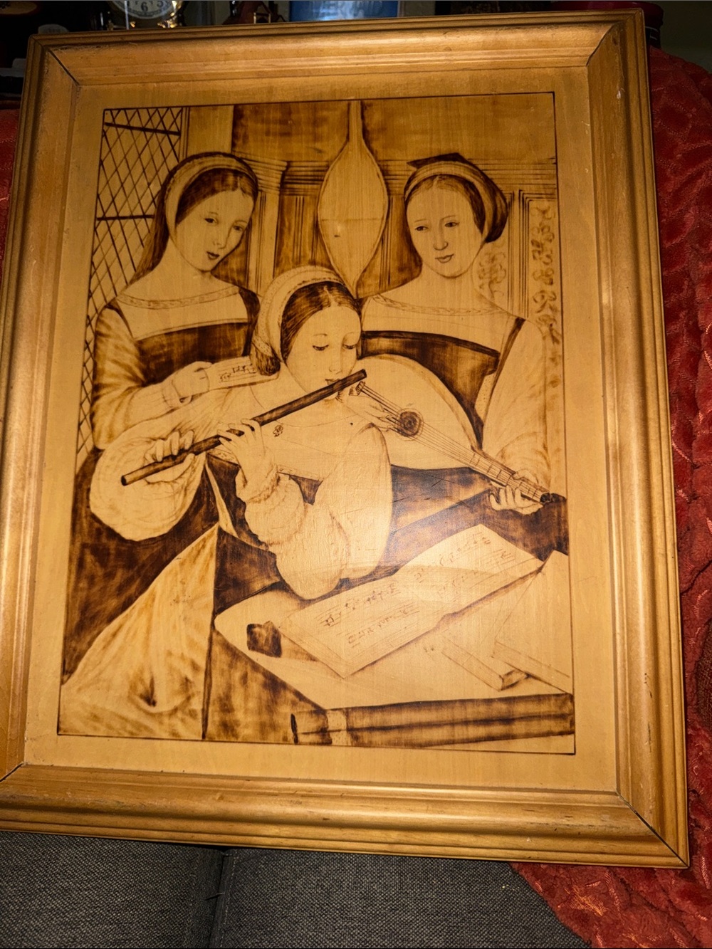VintagePyrographyWood Burning Wall Art Three Concert Musicians Renaissance Scene